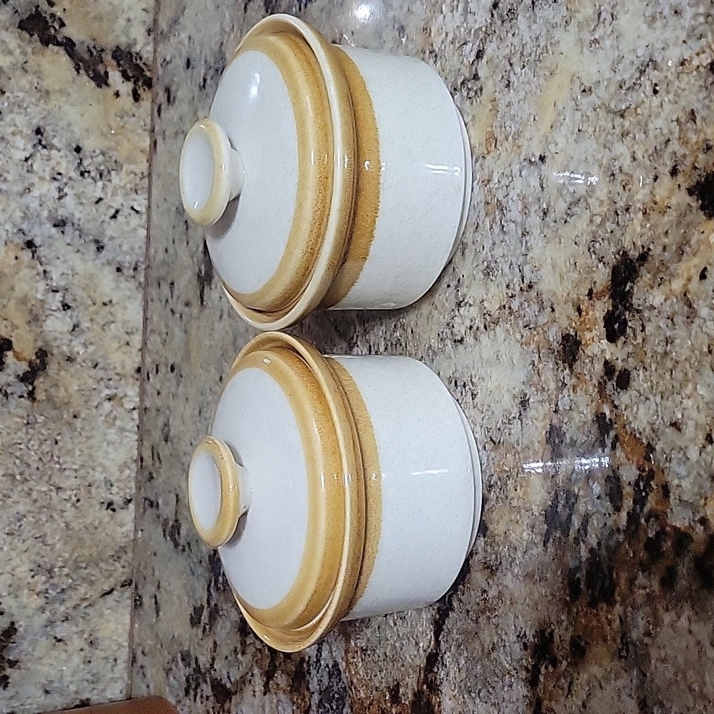 Two Vintage 1970s Mikasa "Stone Manor" Covered Dish, Sugar Bowl, Canister